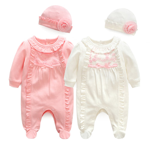 Newborn Baby Girl Clothes Lace Flowers Jumpsuits & Hats Clothing Sets Princess Girls Footies for 2018 Spring Baby Body suits