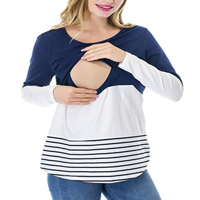 MODENGYUNMA Maternity Nursing Top patchwork Clothing for Feeding tees Breastfeeding Tops contrast color short Breast Pregnance